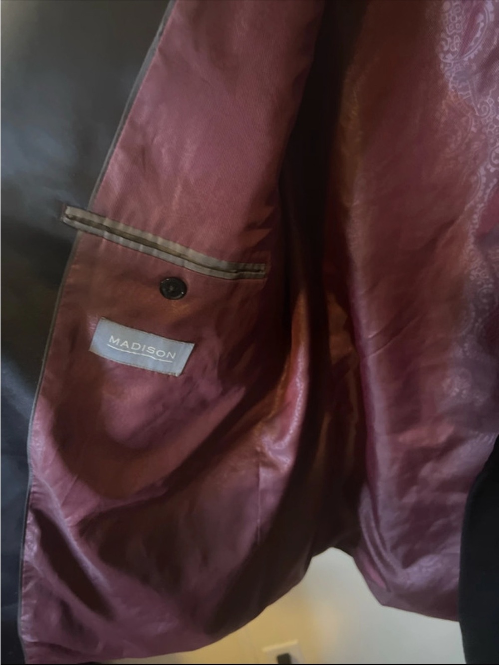 Madison Black Satin-Lapel Blazer with Burgundy Lining - Picture 4 of 6
